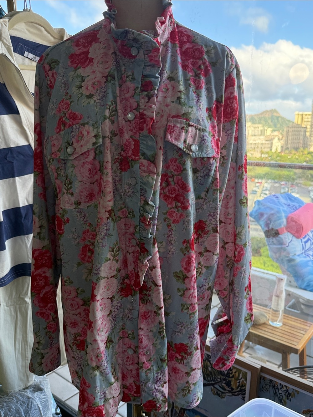 Cherry Betty Corduroy Floral Ruffle-Front Long-Sleeve Shirt - Pink Floral